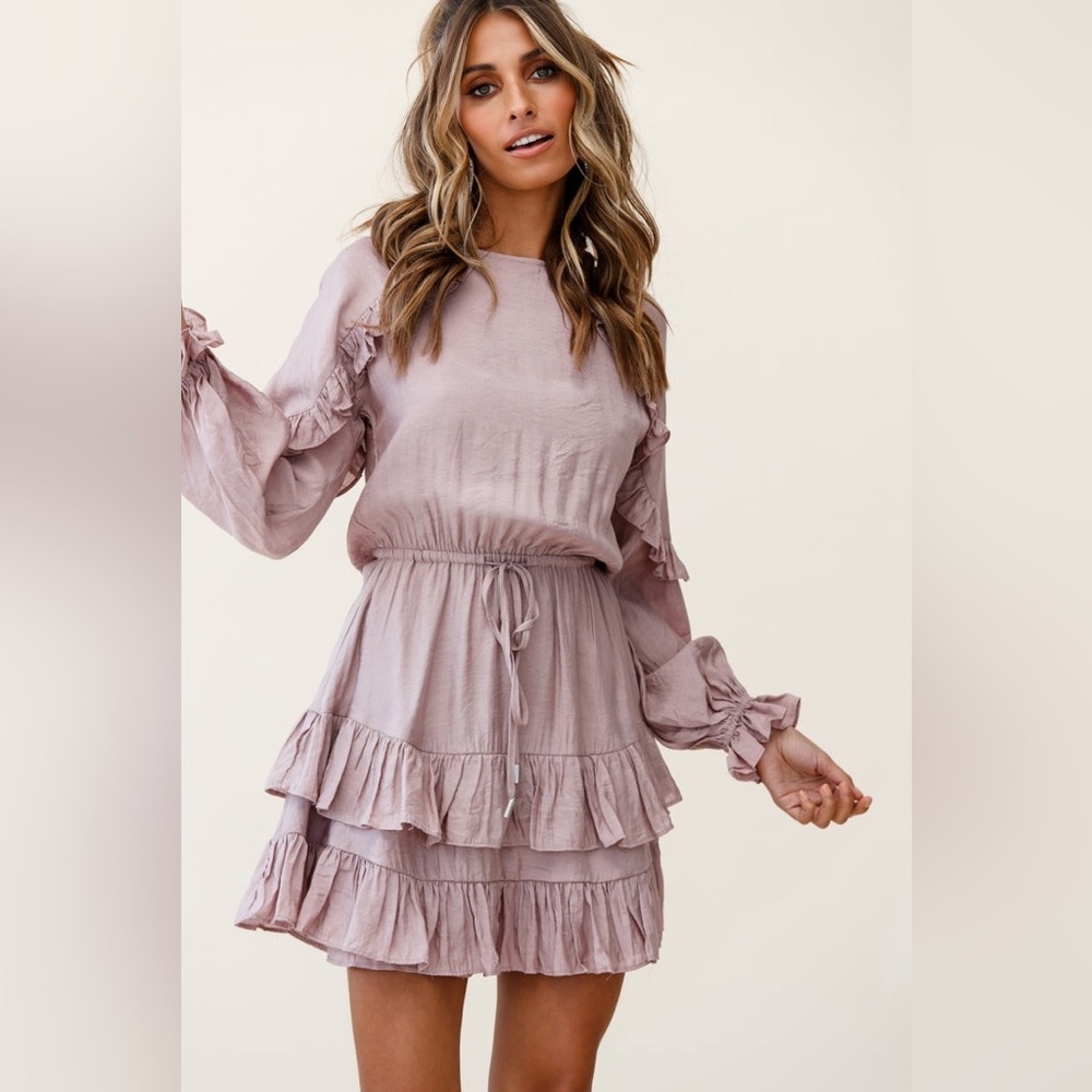 Ruffled Long-Sleeve Mini Dress in Dusty Rose - Picture 4 of 11